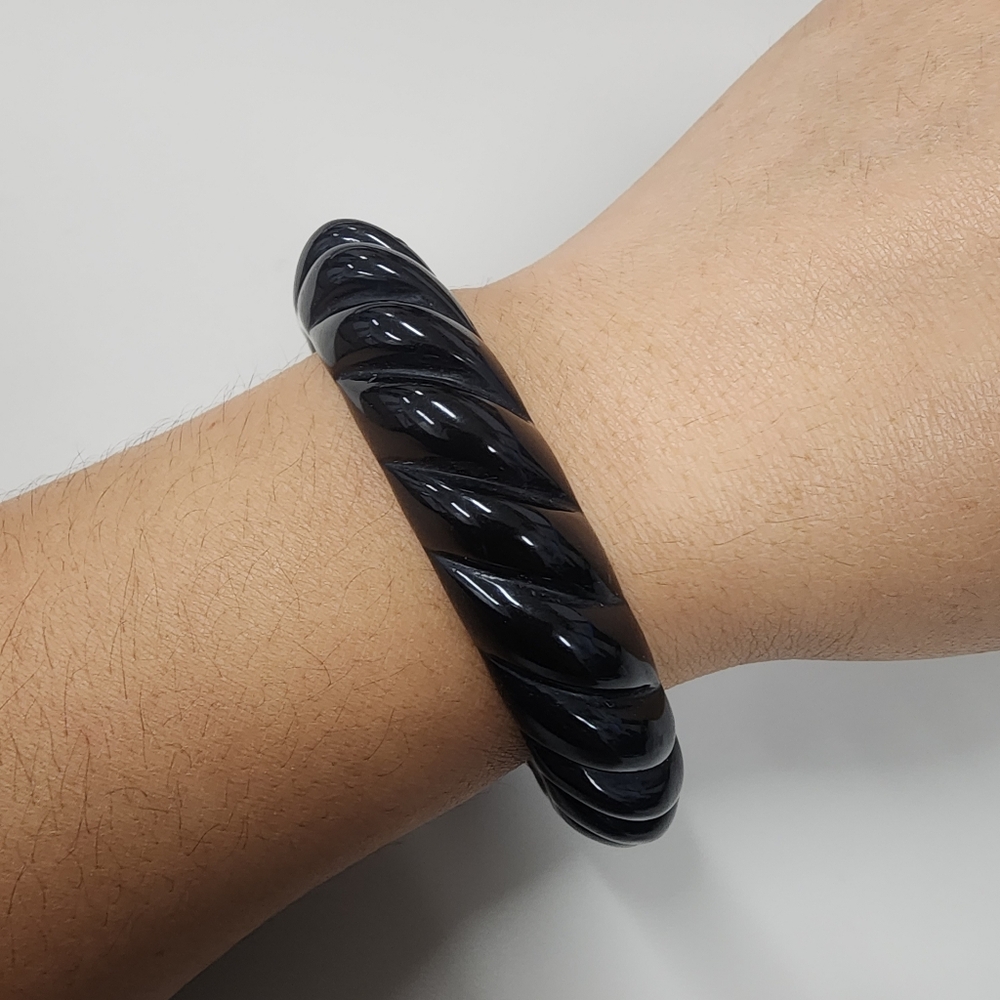 Vintage Art Deco Black Bangle Bracelet Chunky Spiral Rope Twist Mid-century